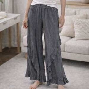 Kiwi + Punch Gray Flowy Ruffle Pants Size S Boho Wide Leg Elastic Waist| Rayon